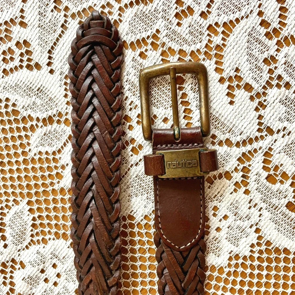 Vintage Nautica Braided Leather Belt Men's 42 Brown Mahogany Woven Brass Buckle